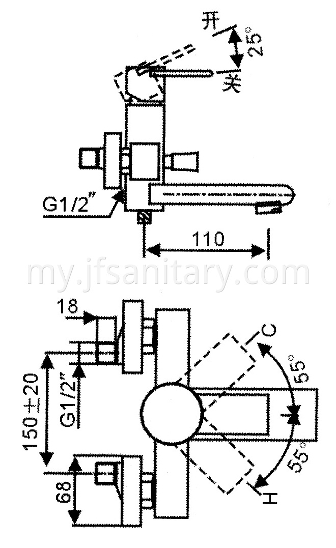 Size Of Wall Mounted Single Lever Bathtub Mixer With Diverter